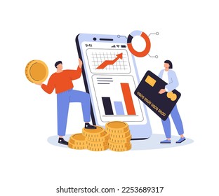 People investing their money venture fund vector illustration. Business people financing high potential company innovation. Money transaction with credit card. Manage money through your mobile phone