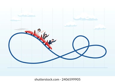 Gente inversionistas montando una montaña rusa en una tabla de mercado fluctuante, metáfora de volatilidad de la inversión de montaña rusa montada a caballo, fluctuación del mercado de valores financieros que sube y baja (Vector)