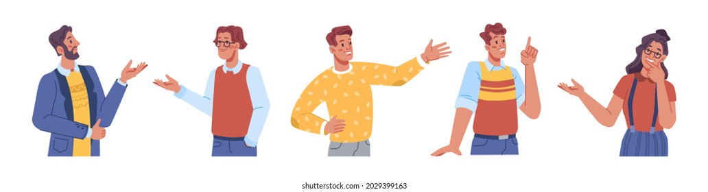 People investors showing gestures on presentation isolated flat cartoon characters. Vector team of business man and woman, successful workers posing and gesturing by hands, successful managers