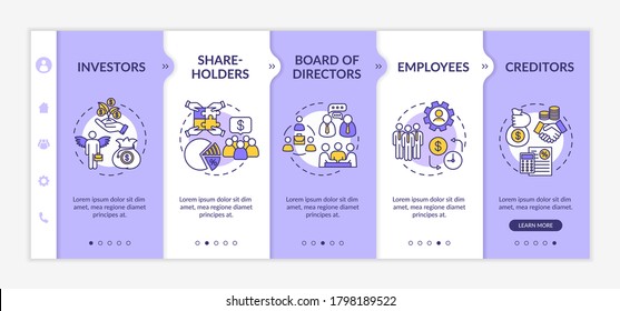 People involved in corporation onboarding vector template. Shareholders and investors. Employees.Responsive mobile website with icons. Webpage walkthrough step screens. RGB color concept