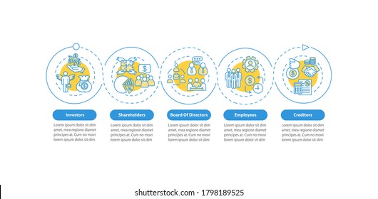 Personas involucradas en la plantilla infográfica de vector de corporación. Elementos de diseño de presentación. Visualización de datos con 5 pasos. Diagrama de la línea de tiempo del proceso. Diseño de flujo de trabajo con iconos lineales