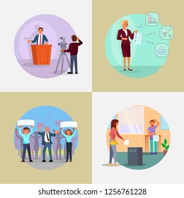 People involved in election process. Election campaign and voting vector flat illustration. Political candidate making statement, voters in polling station, pre-election agitation, picket, meeting.