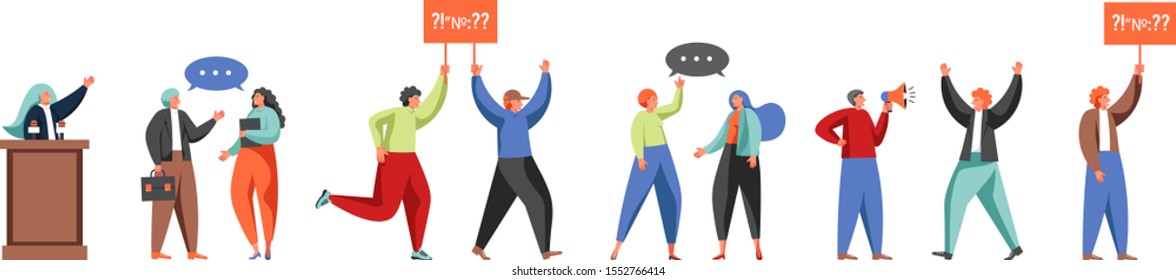 People Involved In Politics, Vector Flat Isolated Illustration. Politician, Political Candidate, Activist, Speaker Male And Female Characters. Political Meeting, Election Campaign, Debate, Protest.