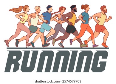 People involved sports running. Banner design. Men and women in sport uniform. Runners characters in sportswear. Jogging competition. Cartoon isolated vector healthy lifestyle concept