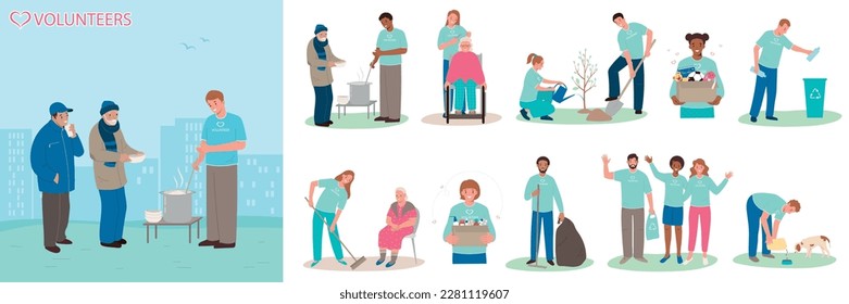 People involved in various volunteering activities flat composition set isolated vector illustration