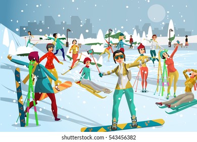 People involved in winter sports in the park outside the city. Skiing, snowboarding, ice skating. Games in the open air. Flat cartoon vector illustration
