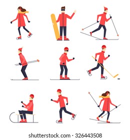 Personas involucradas en patinaje deportivo invernal, esquí, snowboard, hockey, sled. Ilustración vectorial de diseño plano.