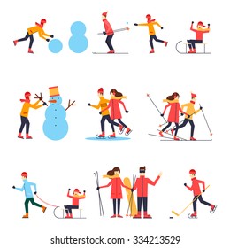 People involved in winter sports skating, skiing, snowboarding, hockey, sled. Flat design vector illustration.