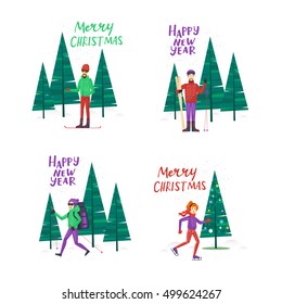 People involved in winter sports skating, skiing, snowboarding. Tree.  Merry Christmas And Happy New Year. Flat design vector illustration.