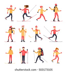 People involved in winter sports skating, skiing, snowboarding, hockey, sled. Flat design vector illustration.