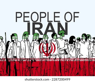 People of Iran with flag, silhouette of many people, banner of diversity or protest in Iran, group of person, society and audience concept, gathering idea