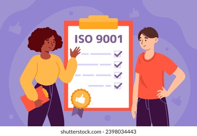 People with iso certification. Man and woman near notepad. Certificate with regulations of production process. Quality control. Cartoon flat vector illustration isolated on violet background