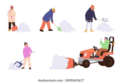 Menschen isolierten Cartoon-Figuren, die Schnee mit Schneeschuppen- und Schneemaschine putzten