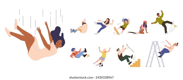 People isolated cartoon characters of different ages falling down while walking, playing outdoors