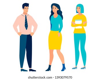 People isolated on white background, man and two woman. In minimalist style Cartoon flat Vector Illustration
