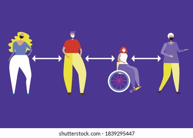 People isolated, social distance. Flat vector stock illustration. Face masks for protection. Social distance, inclusive people, safety in line Concept. Illustration with medical masks, social distance