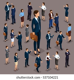 People Isometric 3D, the big boss is a woman leader, a businessman and a business woman, business clothes. The concept of office workers, director and subordinates isolated on dark.