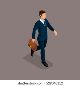 People Isometric 3D businessman in a hurry, there is a fast pace with a briefcase isolated on a dark background of a noble.