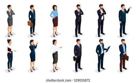 People Isometric 3D, isometric businessmen and business woman business clothes human movement. Concept isolated on white background.