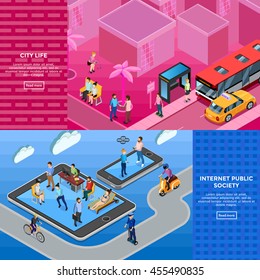 People isometric banners with members of internet public society and city life illustration on textural backgrounds isolated vector illustration