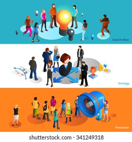 People isometric horizontal banners set with search ideas and strategy symbols isolated vector illustration 