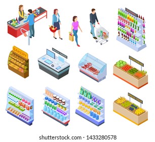 People isometric store. Shopping grocery market customer supermarket products, persons in retail shop buying food 3d vector items. Illustration of supermarket and grocery, refrigerator and cashier