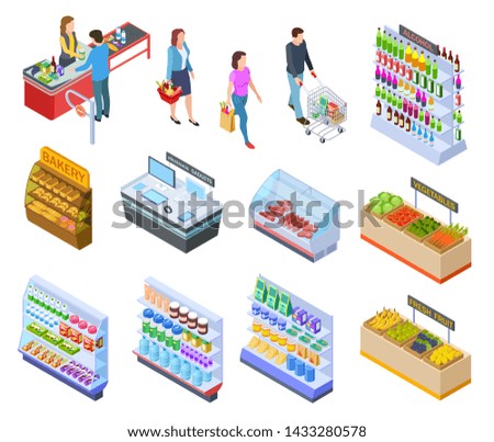 People isometric store. Shopping grocery market customer supermarket products, persons in retail shop buying food 3d vector items. Illustration of supermarket and grocery, refrigerator and cashier