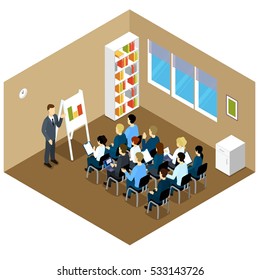 People isometric training composition with clerical characters in smart clothes upgrade qualifications in brown classroom interior vector illustration