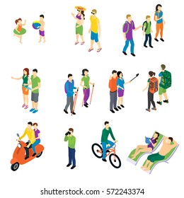 People isometric travel set with different situations and various types of leisure activity isolated vector illustration