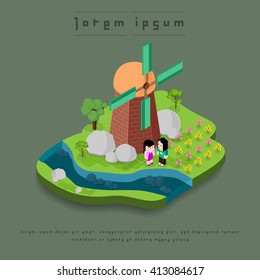 people with isometric wind turbine vector illustration
