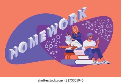 People, and isometric word Homework. Student characters with their devices, laptops, and smartphones. Concept illustration of e-learning, distance studying, and self-education. Vector.