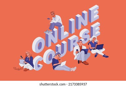 People, and isometric words Online Course. Student characters with their devices, laptops, and smartphones. Concept illustration of e-learning, distance studying, and self-education. Vector.