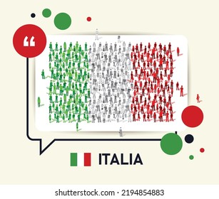 People Of Italy Or Italia Doing Protest Or Celebration Campaign For National Day Public Message. Italian Flag With Speech Bubble And Green Red Color Theme. Small Sized Group, Population Or Citizens.