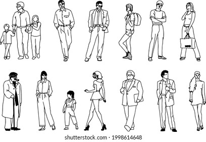 People in jackets, family, girl and an old man.