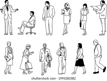 People in jackets, men and women are staying, walking, communicating.
