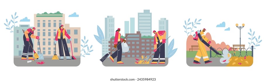People janitor with broom and scoop weeping and collecting garbage on cityscape. Street cleaning service company cartoon vector illustration set. Cleaning staff characters in uniform with equipment