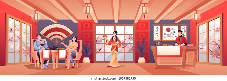 People in Japanese restaurant. Young man and woman sitting at table eating on date, chef cooking, waitress. Asian traditional cuisine with sushi vector illustration. Modern interior design.