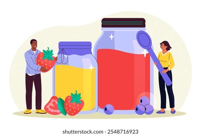 People with jars of jam. Man and woman near huge glass jar with dessert and delicacy. Preserved and canned food. Natural and organic eating. Flat vector illustration isolated on white background