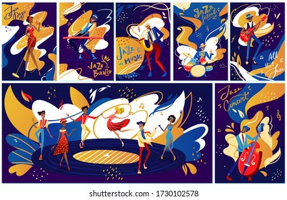 People in jazz band musicians playing music on music festival, singer and musical instruments performance cartoon set vector illustration. Saxophonist, guitarist, jazz band and dancing people.