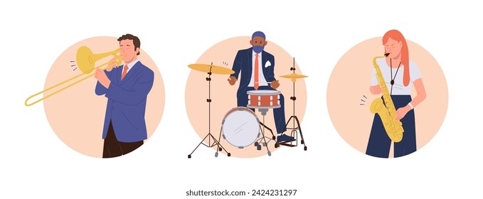 People jazz band player cartoon characters performing with music instruments round composition