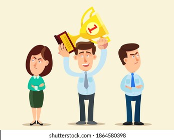 People are jealous of a successful businessman. Envious friends and colleagues. Competitors upset. Business vector illustration, flat design, cartoon style, isolated background.