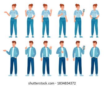 People in jeans gesture. Happy standing woman and man in casual denim shirts and pants showing gestures. Teenager holding phone, vector set. Illustration happy man and woman in casual jeans