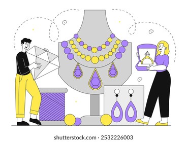 People with jewelry. Man with diamond and woman with gold ring near mannequin with golden chain. Jewelry and accessory. Fashion and trend, elegance. Linear vector illustration