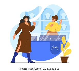 People in jewelry shop concept. Man and woman with accessories. Decorations and fashioable elements. Silver and golden bracelets and earrings with diamonds. Cartoon flat vector illustration
