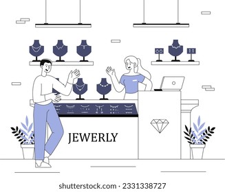 Concepto de línea de joyería. El hombre compra collar o anillo de diamantes. Comprador y vendedor en el mostrador. Lujo y riqueza. Estética y elegancia. Ilustración lineal vectorial