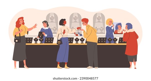 People in jewelry store, vector illustration on white background. Flat cartoon style. Young women, female characters in shop, pretty ladies choose and buy luxury jewelry, gold and precious stones.