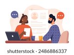People at job interview. HR Manager interviews candidate for vacancy. Business meeting and conversation. Headhunting and recruitment. Company hiring employee. Flat vector illustration