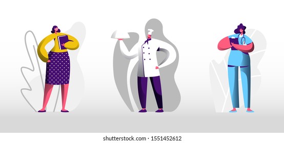 People Job Set Isolated on White Background. Young Woman in Glasses Holding Book Teacher or Secretary. Man in Apron and Toque Chief. Girl in Medical Robe Doctor. Cartoon Flat Vector Illustration