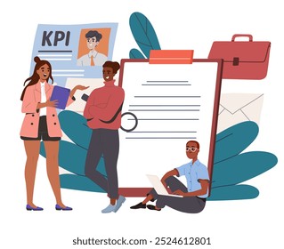 People with job test. Men and woman near employee profile KPI and resume. HR managers at workplace. Headhunting and recruiting. Flat vector illustration isolated on white background