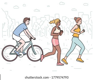 People are jogging biking for healthy lifestyle  hand drawn style vector design illustrations  